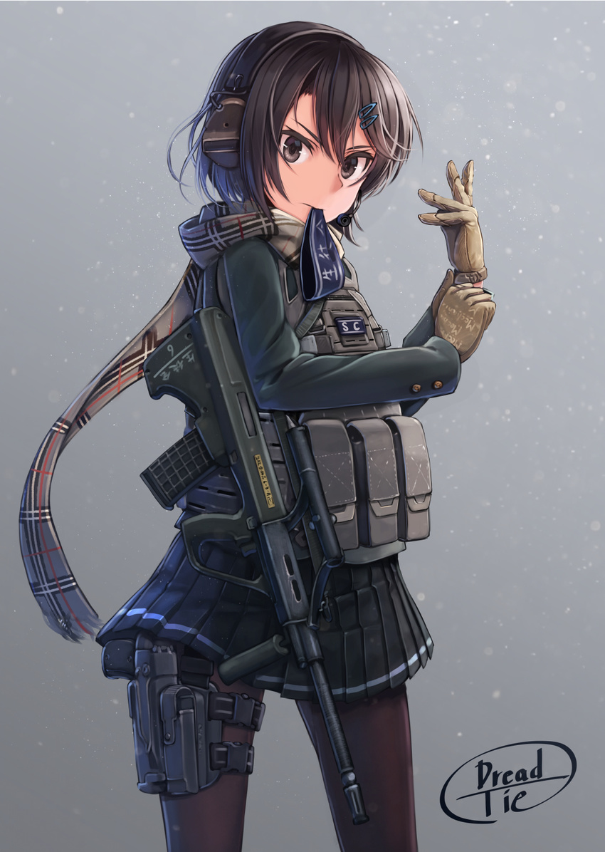 assault_rifle black_eyes black_hair black_legwear bullpup dreadtie gloves grey_background gun hair_ornament hairclip headset highres holster looking_at_viewer mouth_hold original pantyhose pleated_skirt rifle scarf short_hair signature skirt snowing solo steyr_aug thigh_holster weapon