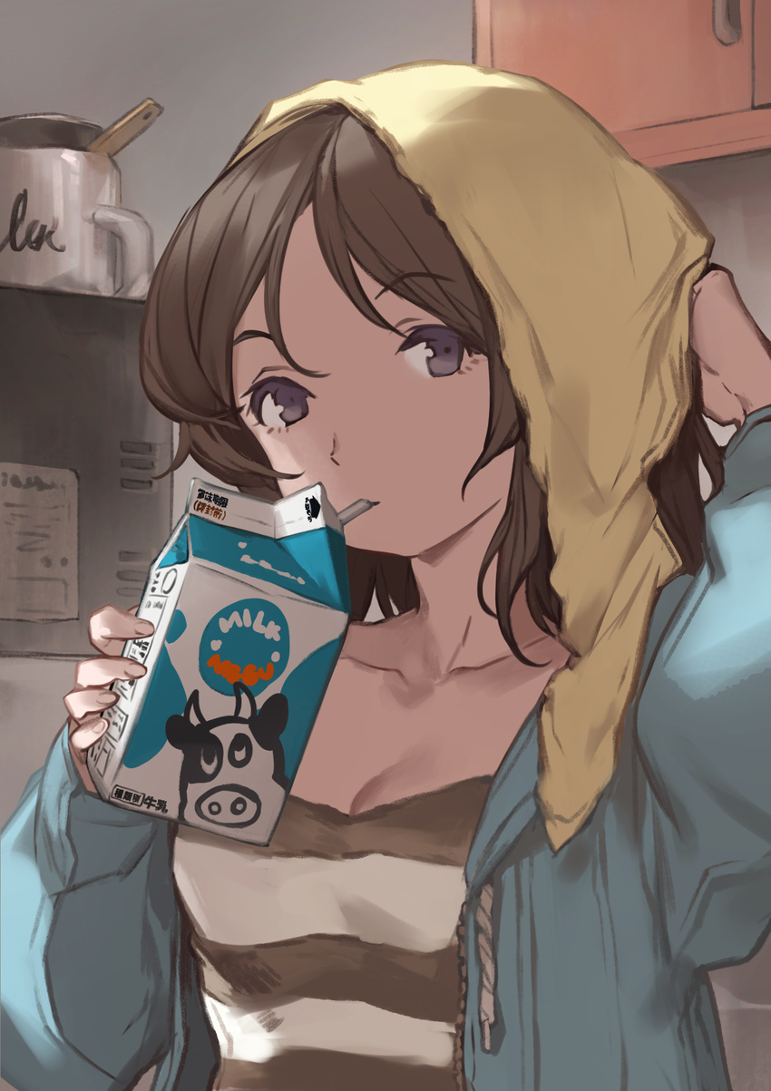 after_shower breasts brown_hair cleavage commentary drinking drinking_straw eyebrows_visible_through_hair hand_up highres indoors lee_hyeseung long_sleeves looking_at_viewer medium_breasts milk milk_carton original purple_eyes shirt sipping solo striped striped_shirt upper_body wet wet_hair