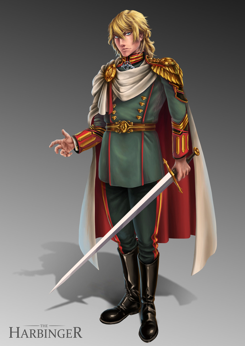 1boy blonde_hair blue_eyes boots cape cloak closed_mouth darun_khanchanusthiti full_body glare green_jacket green_pants medallion military_uniform plain_background pose solo stripes sword