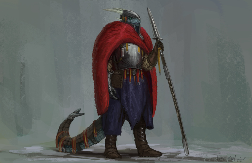 2017 anthro armor clothed clothing digital_media_(artwork) holding_object holding_weapon lizard male melee_weapon polearm reptile scalie solo spear themefinland weapon