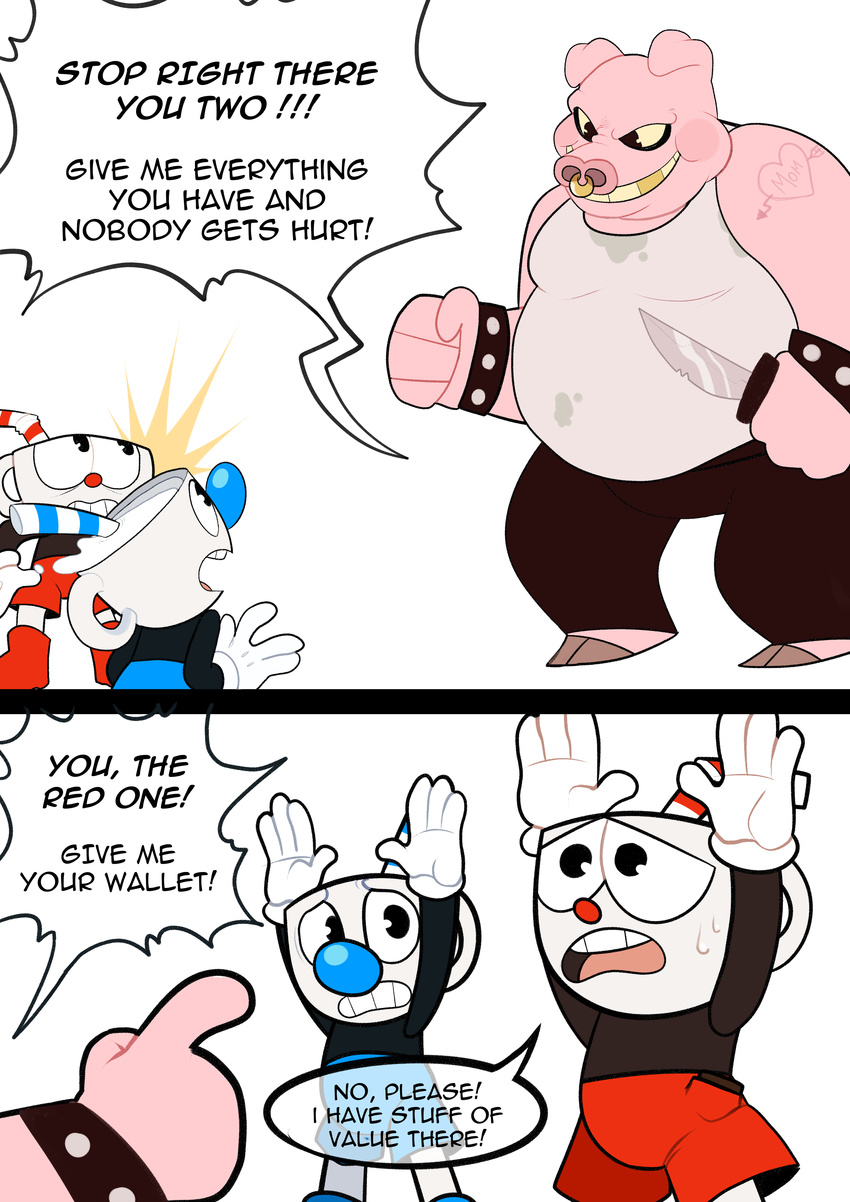 2017 4_fingers absurd_res animate_inanimate anthro clothed clothing cuphead_(character) cuphead_(game) dialogue digital_media_(artwork) gloves hi_res knife larger_male male mammal marl-pigface mugman object_head overweight pig porcine size_difference smaller_male straw sweat wallet