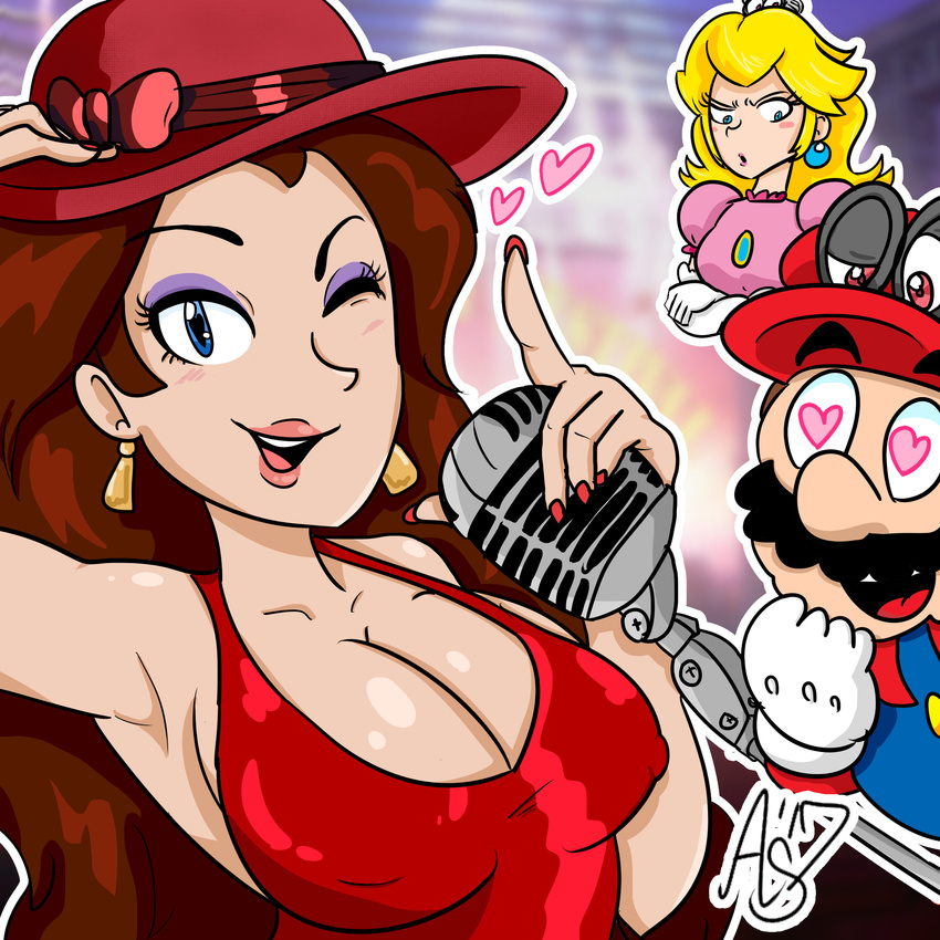 1boy 2girls breasts cleavage dress heart-shaped_pupils jealous large_breasts mario mario_(series) nail_polish pauline princess_peach red_dress super_mario_bros. super_mario_odyssey