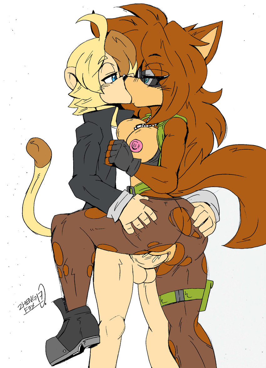 akatsukishiranui-fox anthro blonde_hair blue_eyes boots bottomless breasts brown_fur brown_hair butt butt_grab canine clothed clothed_sex clothing cum duo erection eye_contact female fineeve_the_wolf_soldier footwear fur gloves hair half_naked hand_on_butt holding_(disambiguation) kissing long_hair male male/female male_penetrating mammal monkey nipples penetration penis primate pussy rik_the_spider_monkey sex spider_monkey torn_clothing wolf yellow_fur