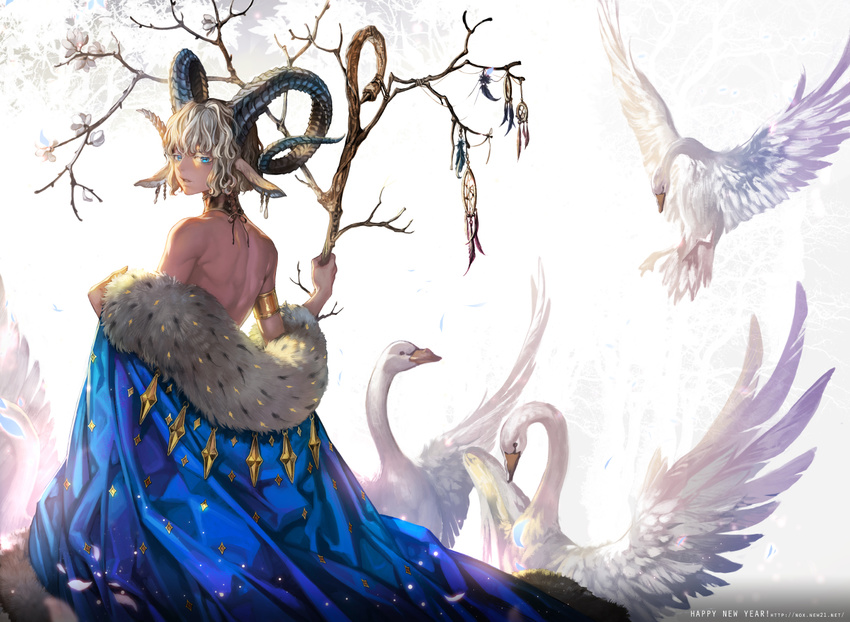 androgynous animal_ears armlet bangs bare_shoulders bird blue_cape blue_eyes cape chinese_zodiac detached_collar dream_catcher from_behind goat_ears goat_horns happy_new_year holding holding_staff horns jewelry looking_at_viewer looking_back new_year off_shoulder oollnoxlloo original parted_lips short_hair silver_hair solo staff swan topless watermark web_address year_of_the_goat