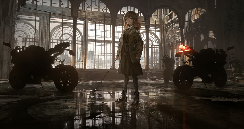 ankle_boots architecture black_dress black_footwear boots brown_eyes brown_hair cloud cloudy_sky day dress golf_club ground_vehicle highres holding indoors jacket lm7_(op-center) long_sleeves looking_at_viewer motor_vehicle motorcycle open_clothes open_jacket original pantyhose puddle reflection reflective_floor short_hair sky solo standing wet_floor window