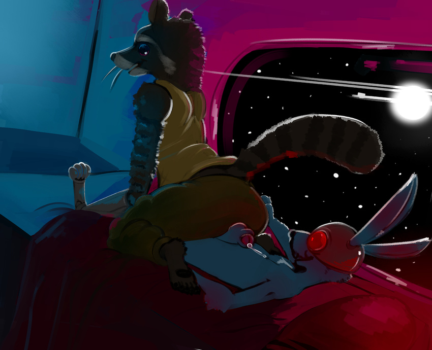 bed blackjack_o'hare butt clothing cum cum_on_chest fluffydonuts guardians_of_the_galaxy hot_dogging lagomorph male male/male mammal marvel on_top penis procyonid rabbit raccoon rocket_raccoon space star