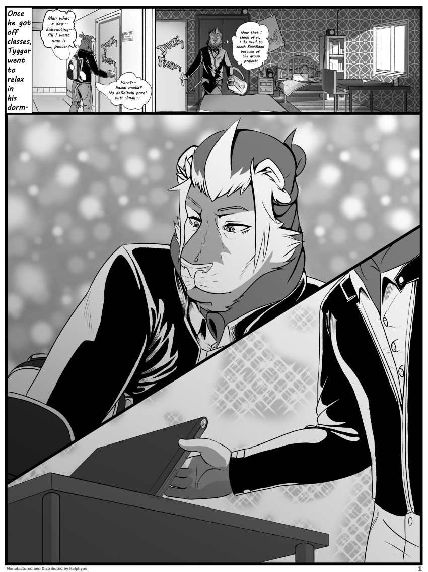 2018 anthro black_and_white clothed clothing comic dialogue digital_media_(artwork) doujinshi english_text feline fur hair halphyos hi_res humanoid humanoid_hands lion male mammal monochrome solo text today_wasn't_thursday tyggar