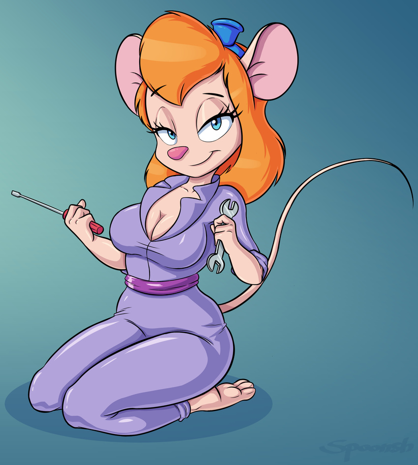 2017 anthro bedroom_eyes big_breasts breasts chip_'n_dale_rescue_rangers cleavage clothed clothing digital_media_(artwork) disney female gadget_hackwrench half-closed_eyes looking_at_viewer mammal mouse rodent seductive simple_background smile smirk solo spoonsh