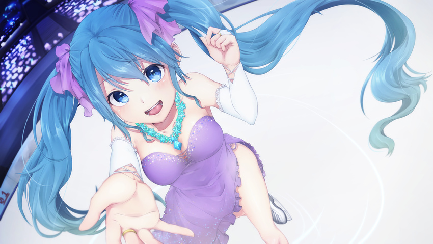 aika_(1019-akari) blue_eyes dress eyebrows_visible_through_hair floating_hair green_hair hatsune_miku highres ice_skates ice_skating jewelry long_hair looking_at_viewer necklace open_mouth outstretched_arm purple_dress skates skating solo very_long_hair vocaloid