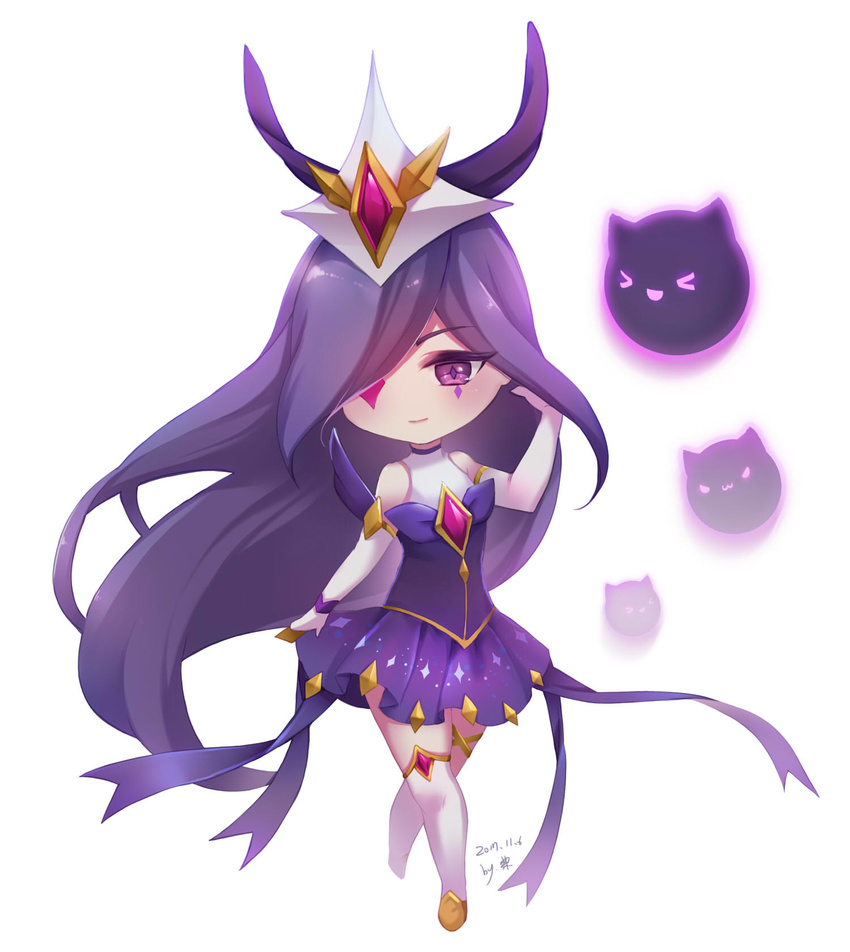 1girl alternate_costume alternate_hair_color alternate_hairstyle chibi elbow_gloves energy_ball eyepatch familiar forehead_protector gloves grin league_of_legends long_hair magical_girl purple_eyes purple_hair skirt solo star star_guardian_syndra syndra thigh_boots