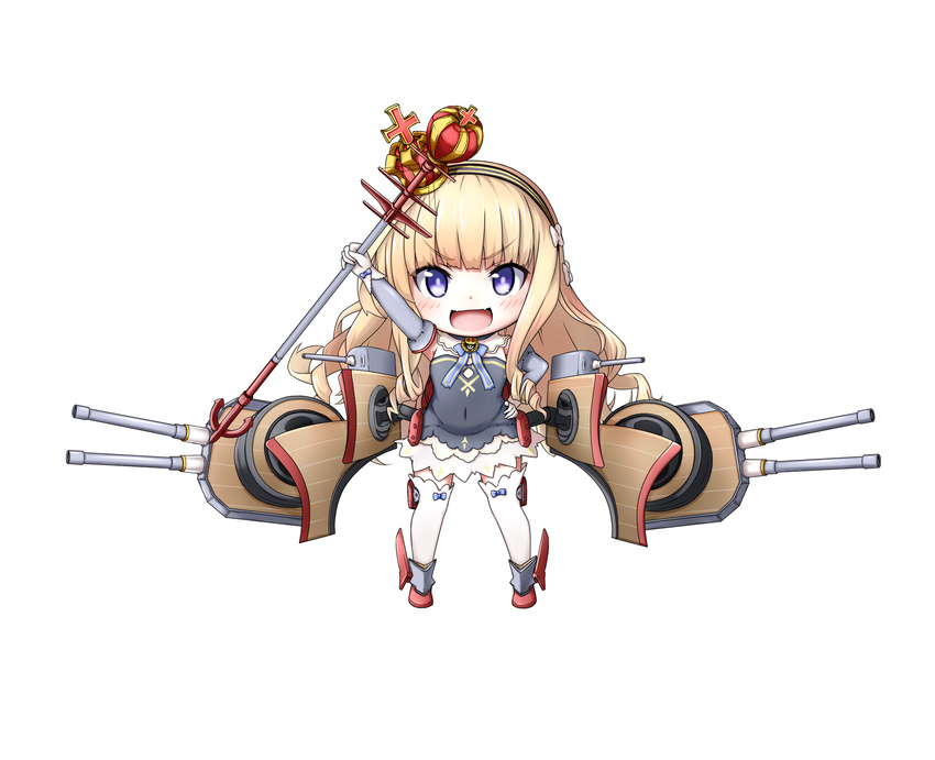 :d arm_up armpits azur_lane black_hairband chibi crown detached_sleeves gloves hairband highres holding kuena light_brown_hair long_hair looking_at_viewer machinery mini_crown open_mouth purple_eyes queen_elizabeth_(azur_lane) scepter simple_background smile solo staff thighhighs turret v-shaped_eyebrows white_background white_gloves white_legwear zettai_ryouiki