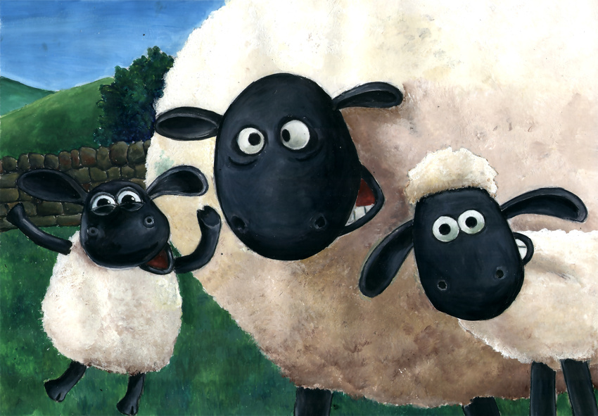 2012 aardman_animations absurd_res ambiguous_gender black_eyes black_hooves black_skin caprine child cross-eyed cub fence feral floppy_ears fur grass grim1978 group happy hi_res hooves jumping looking_at_viewer mammal open_mouth open_smile outside painting_(artwork) quadruped shaun_the_sheep shaun_the_sheep_(character) sheep shirley_(shaun_the_sheep) silly_face sky smile timmy_(shaun_the_sheep) toony traditional_media_(artwork) tree wallace_and_gromit white_fur wool young