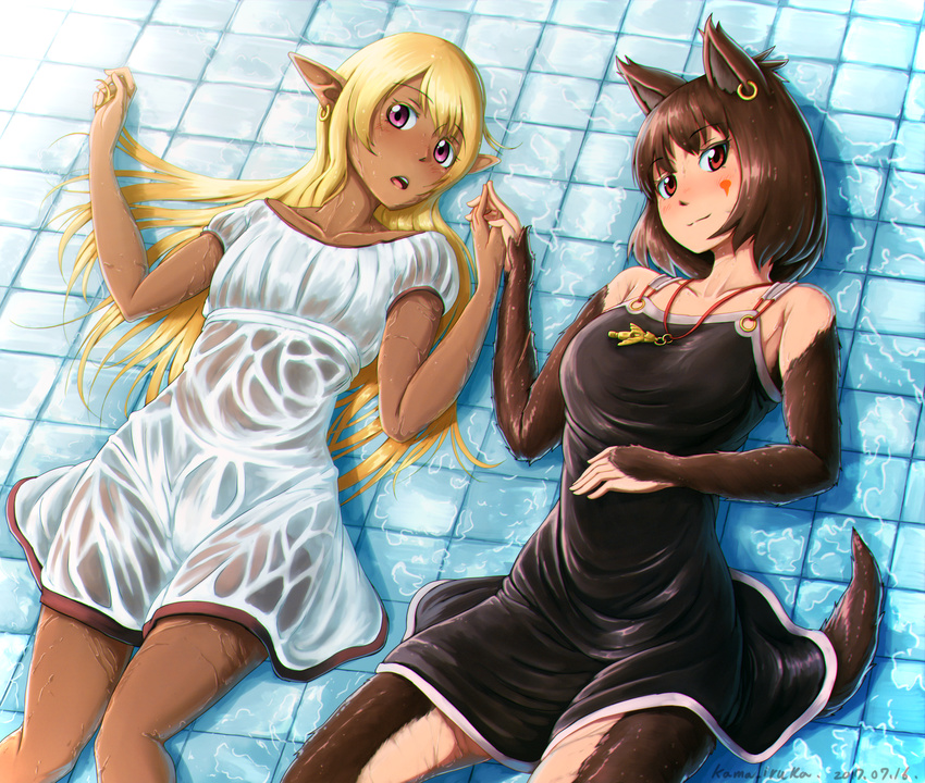 2girls animal_ears artist_name black_dress blonde_hair blush breasts brown_eyes brown_hair collarbone d: dark_elf dark_skin dated dress elf eyebrows_visible_through_hair facial_mark from_above fur hand_on_own_stomach head_tilt highres holding_hands jewelry kama_iruka large_breasts light_smile long_hair looking_at_viewer lying multiple_girls necklace nose_blush number on_back open_mouth original pink_eyes pointy_ears short_hair short_sleeves single_earring sleeveless sleeveless_dress tail tile_floor tiles water wet wet_clothes white_dress