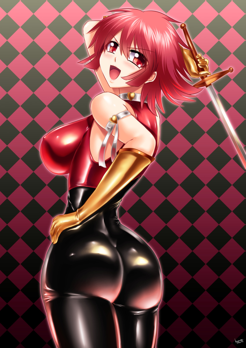 1girl artist_request ass back bare_shoulders blush bodysuit breasts cutie_honey cutie_honey_(character) erect_nipples from_behind gloves hips large_ass looking_at_viewer looking_back open_mouth red_eyes red_hair shiny shiny_clothes shiny_hair shiny_skin short_hair sideboob skin_tight smile solo sword thick_thighs thighs weapon wide_hips