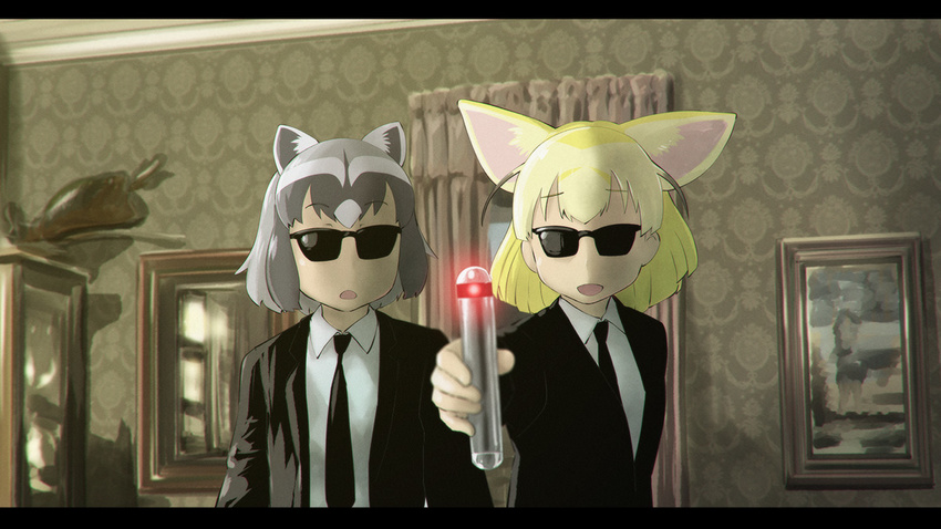 :d animal_ears blonde_hair check_commentary chromatic_aberration commentary commentary_request common_raccoon_(kemono_friends) crossover d: fennec_(kemono_friends) formal fox_ears grey_hair kemono_friends letterboxed men_in_black movie_reference multiple_girls neuralyzer open_mouth parody raccoon_ears short_hair smile suit sunglasses ueyama_michirou