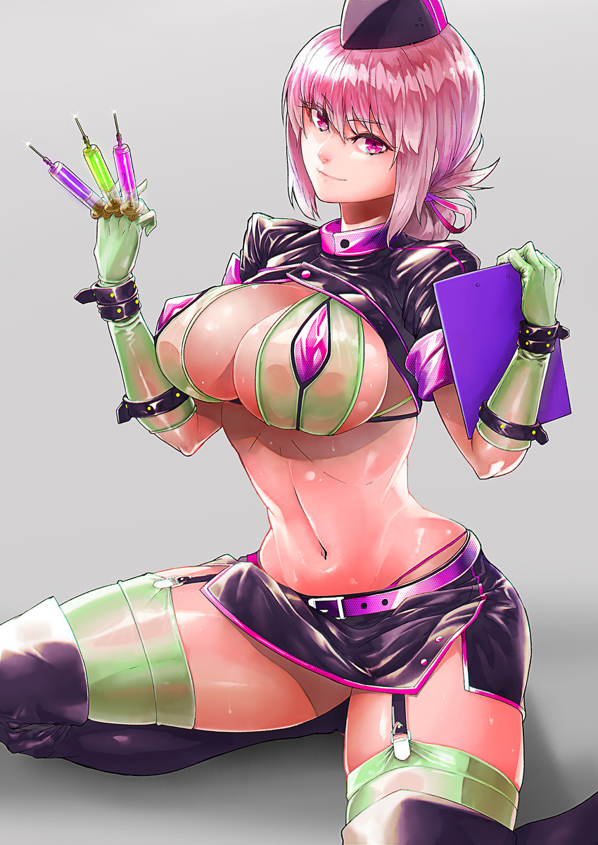 absurdres bangs between_fingers bikini boots breasts closed_mouth commentary_request fate/grand_order fate_(series) florence_nightingale_(fate/grand_order) garter_straps gloves green_gloves green_legwear hat highres large_breasts long_hair looking_at_viewer miniskirt navel pink_hair red_eyes revealing_clothes shrug_(clothing) sitting skirt smile solo srsojiro stomach sweat swimsuit syringe thigh_boots thighhighs trick_or_treatment