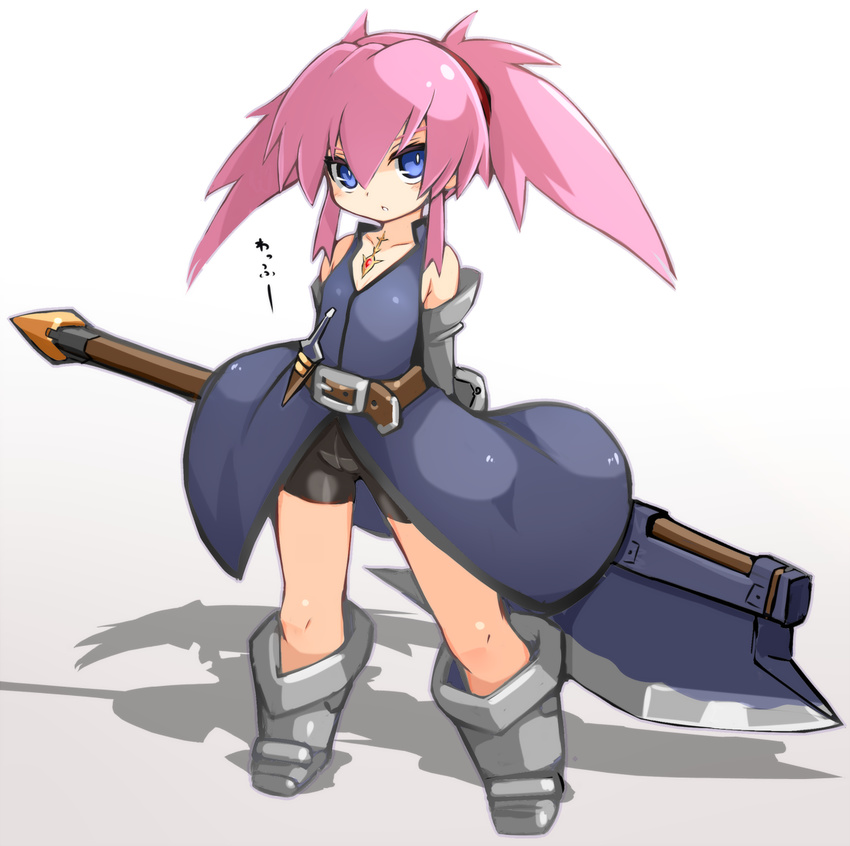 axe belt black_shorts blue_coat blue_eyes boots elbow_gloves full_body gloves grey_footwear grey_gloves highres holding holding_axe karukan_(monjya) knee_boots long_hair looking_at_viewer pink_hair presea_combatir shadow shorts sidelocks simple_background solo standing tales_of_(series) tales_of_symphonia twintails white_background
