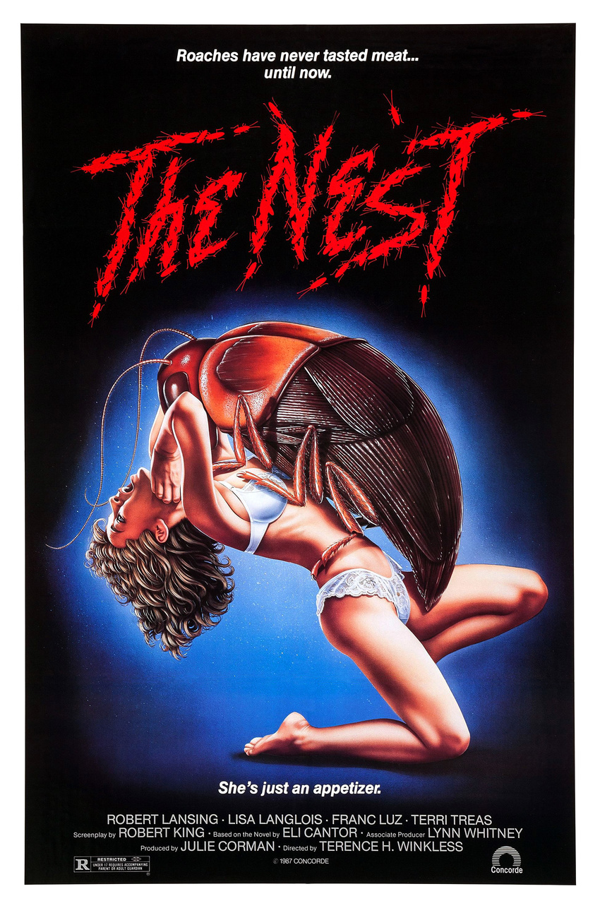 ambiguous_gender antennae arthropod big_breasts bra breasts brown_hair clothed clothing cockroach duo english_text erotica female feral hair hi_res human insect long_hair mammal movie_(disambiguation) movie_poster open_mouth panties poster size_difference skimpy text the_nest the_nest_(movie) underwear unknown_artist wings