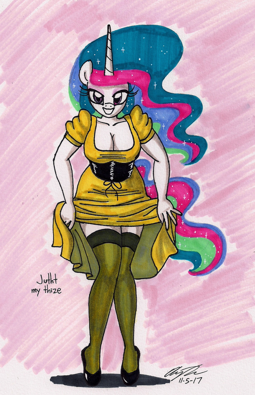 2017 anthro anthrofied breasts cleavage clothed clothing dress equine female friendship_is_magic horn legwear mammal my_little_pony newyorkx3 pose princess_celestia_(mlp) purple_eyes solo sparkles stockings unicorn
