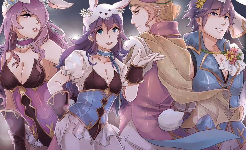 2girls animal_ears blonde_hair blue_eyes blue_hair breasts bunny_ears bunny_tail bunnysuit camilla_(fire_emblem_if) carrot cleavage father_and_daughter fire_emblem fire_emblem:_kakusei fire_emblem_heroes fire_emblem_if hair_over_one_eye krom long_hair looking_at_viewer lucina marks_(fire_emblem_if) multiple_boys multiple_girls purple_eyes purple_hair short_hair shy_(ribboneels) smile tail very_long_hair wavy_hair