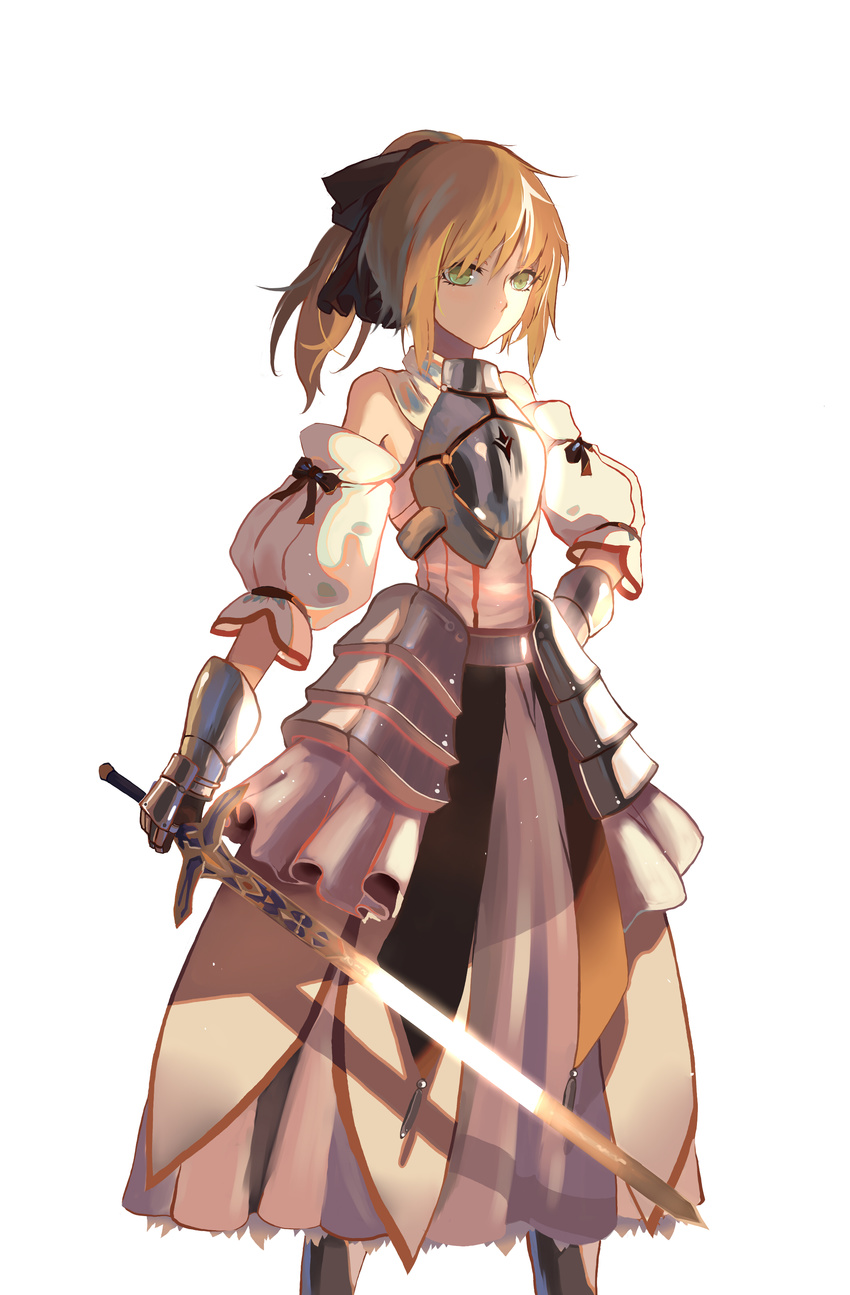 absurdres armor armored_boots armored_dress artoria_pendragon_(all) black_bow blonde_hair boots bow caliburn detached_sleeves dress fate/unlimited_codes fate_(series) gauntlets green_eyes hair_between_eyes hair_bow hand_on_hip highres holding holding_sword holding_weapon long_hair ponytail saber_lily simple_background sleeveless sleeveless_dress solo standing sword weapon white_background white_dress yano_senyuki
