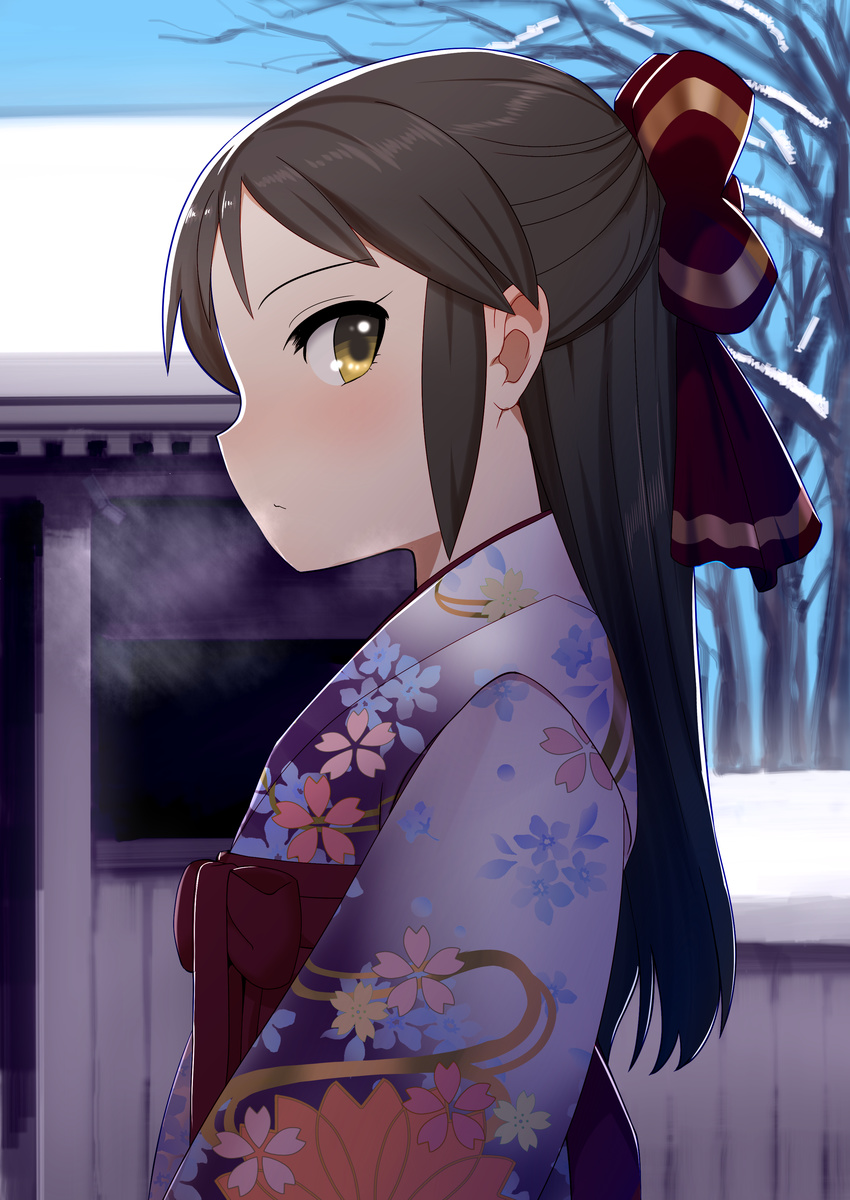 absurdres blue_sky bow breath brown_eyes brown_hair cherry_blossom_print closed_mouth day floral_print hair_bow half_updo highres idolmaster idolmaster_cinderella_girls japanese_clothes kimono long_hair long_sleeves looking_at_viewer looking_to_the_side obi outdoors pettan_p print_kimono profile purple_kimono red_bow sash sideways_mouth sky snow solo tachibana_arisu upper_body winter