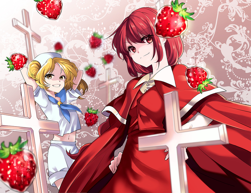 arms_up blonde_hair cape capelet commentary_request cross food fruit grin hat katayama_kei kitashirakawa_chiyuri looking_at_viewer multiple_girls okazaki_yumemi red_eyes red_hair sailor_collar shirt short_hair shorts smile strawberry touhou touhou_(pc-98) white_shirt white_shorts yellow_eyes