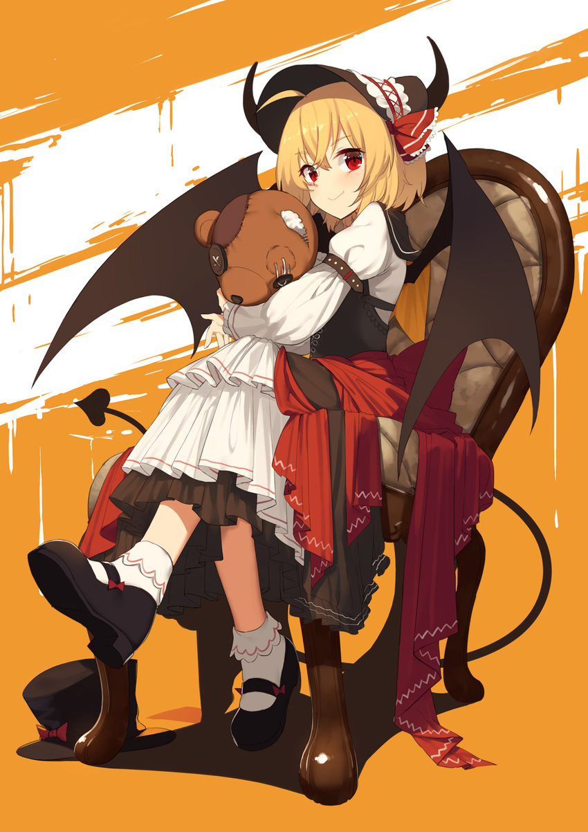 ahoge arm_belt bangs black_footwear black_hat black_wings bonnet bow chair closed_mouth demon_tail dress hair_ribbon halloween_costume hat hat_bow highres long_sleeves looking_at_viewer mary_janes orange_background red_bow red_ribbon ribbon rumia sh_(562835932) shoes short_hair sitting smile socks solo stuffed_animal stuffed_toy tail teddy_bear touhou white_legwear wings