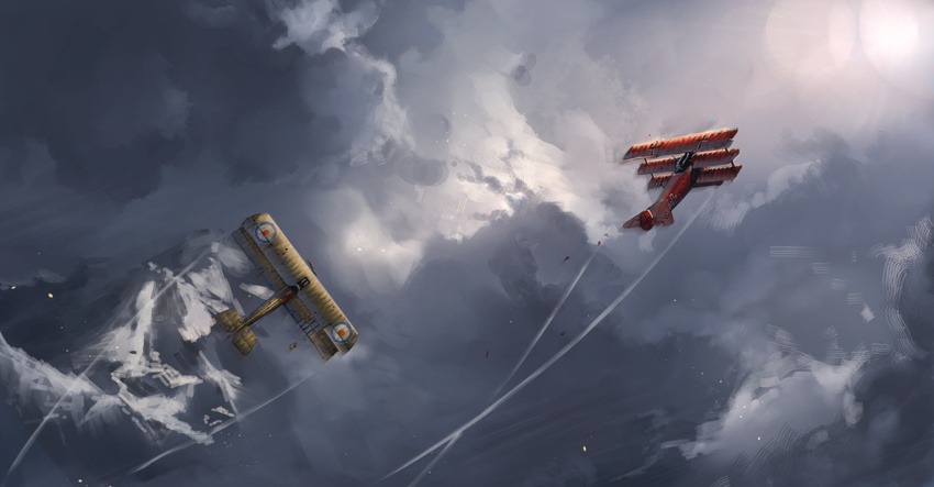 aerial_battle aircraft airplane battle biplane cloud commentary_request condensation_trail dogfight flying fokker_dr.i iron_cross military military_vehicle real_life realistic red_baron_(airplane) sky sopwith_camel triplane world_war_i