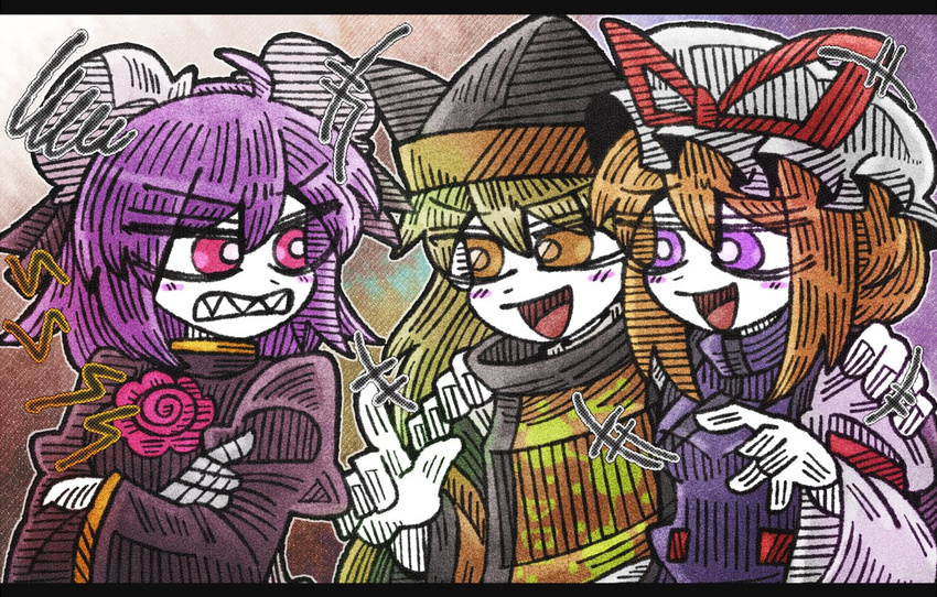 3girls :d ahoge arm_around_shoulder black_hat blonde_hair clenched_teeth double_bun eyebrows_visible_through_hair flower hair_between_eyes hat ibaraki_kasen index_finger_raised juliet_sleeves laughing line_shading long_sleeves matara_okina mob_cap multiple_girls open_mouth orange_eyes pointing puffy_sleeves purple_eyes purple_hair purple_shirt sharp_teeth shirt smile squiggle suenari_(peace) tabard teeth touhou v-shaped_eyebrows white_hat white_skin yakumo_yukari