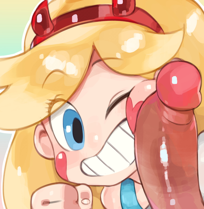 1girl blonde_hair blue_eyes blush_stickers clenched_hand close-up eyebrows_visible_through_hair eyes_visible_through_hair face glo-s-s grin heart_cheeks hetero highres long_hair looking_at_viewer one_eye_closed penis penis_on_face smile star_butterfly star_vs_the_forces_of_evil teeth uncensored