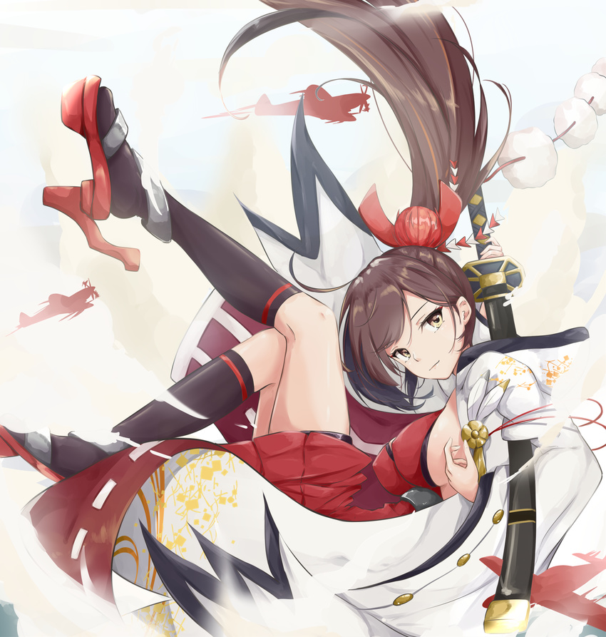 aircraft azur_lane bangs black_legwear breasts brown_hair coat commentary_request dress from_side full_body hair_between_eyes hair_ornament hand_behind_head highres holding holding_sword holding_weapon hoshimiya_mashiro japanese_clothes katana kneehighs large_breasts leaning_back legs_up long_hair long_sleeves looking_at_viewer ponytail rudder_shoes sitting solo sword very_long_hair weapon white_coat wide_sleeves yellow_eyes zuikaku_(azur_lane)