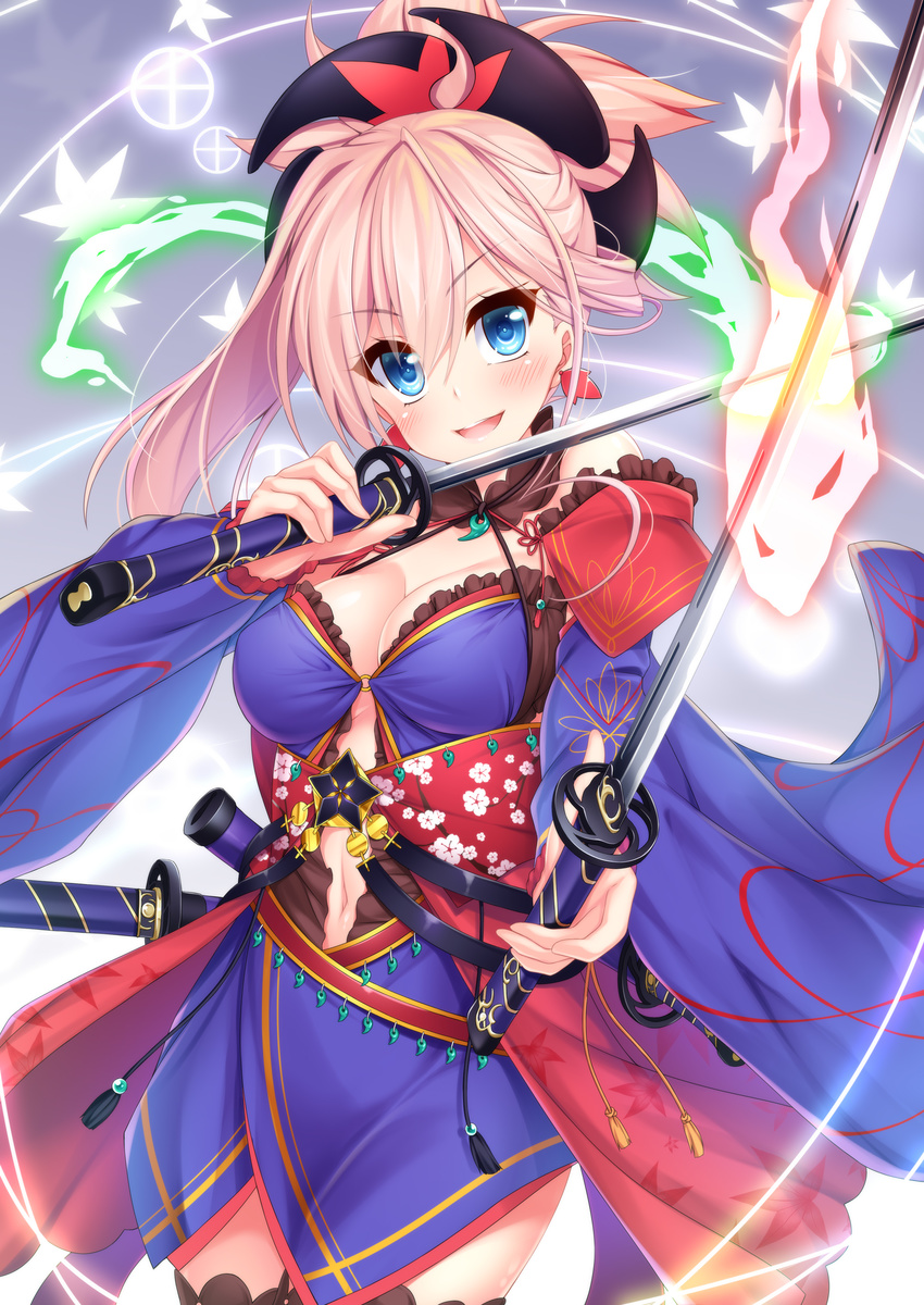 :d absurdres bangs bare_shoulders blue_eyes blush breasts brown_legwear cleavage commentary_request cowboy_shot detached_collar detached_sleeves dual_wielding earrings eyebrows_visible_through_hair fate/grand_order fate_(series) flaming_sword floral_print foreshortening hair_between_eyes hair_ornament head_tilt highres holding holding_sword holding_weapon japanese_clothes jewelry katana kimono large_breasts leaf_earrings leaf_print long_hair looking_at_viewer magatama magic miyamoto_musashi_(fate/grand_order) navel obi obidome open_mouth outstretched_arm pink_hair ponytail print_obi purple_kimono sash scabbard sheath sheathed shiny shiny_skin short_kimono sleeveless sleeveless_kimono smile solo sparkle standing sword tassel thighhighs unsheathed v-shaped_eyebrows wakagi_repa weapon wide_sleeves