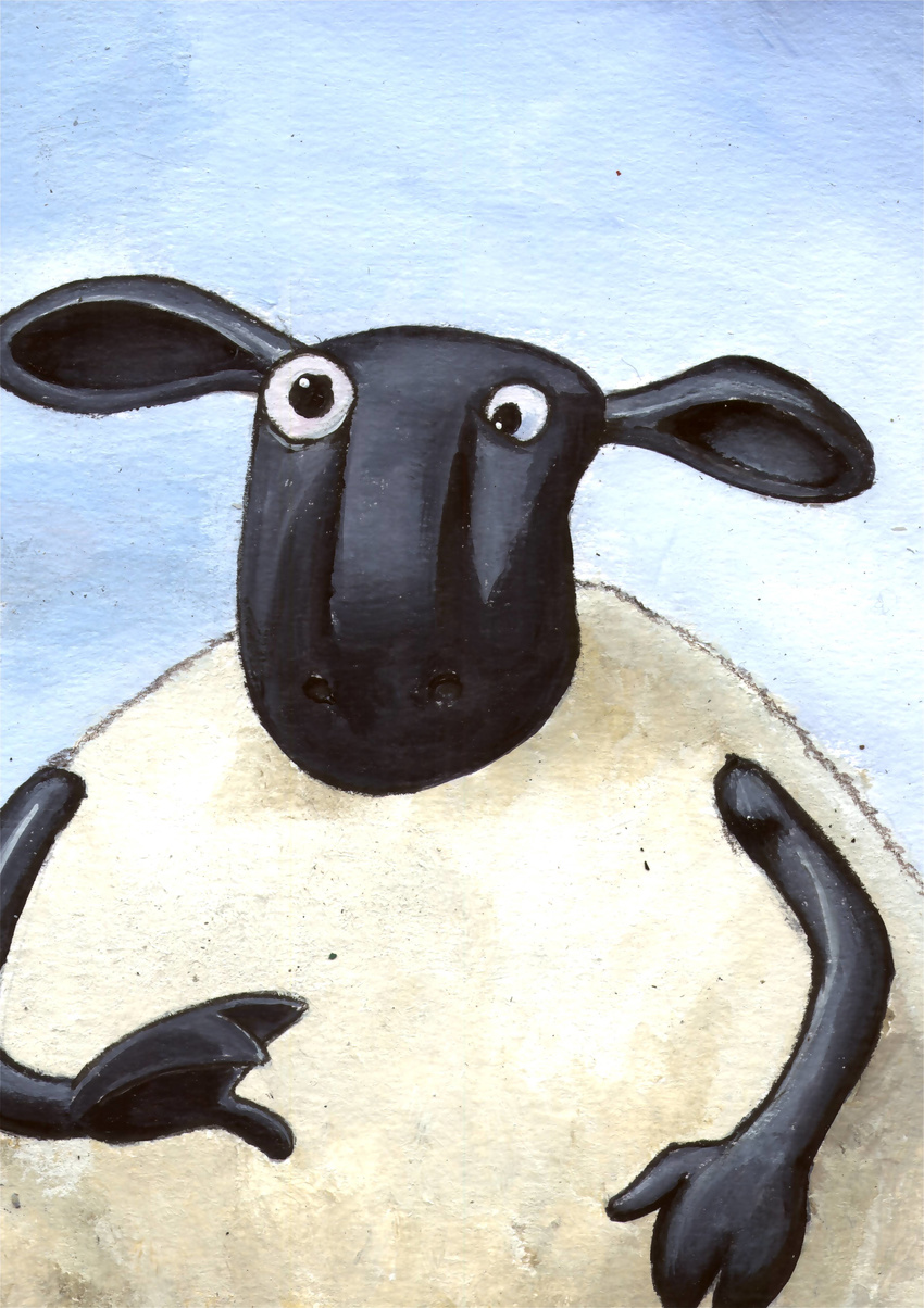 2015 3_fingers aardman_animations absurd_res ambiguous_gender anthro biped black_eyes black_skin blue_background bust_portrait caprine creepy front_view fur grim1978 hi_res mammal mismatched_pupils nude nuts_(shaun_the_sheep) painting_(artwork) portrait shaun_the_sheep sheep simple_background sky solo standing stare traditional_media_(artwork) wallace_and_gromit white_fur wool
