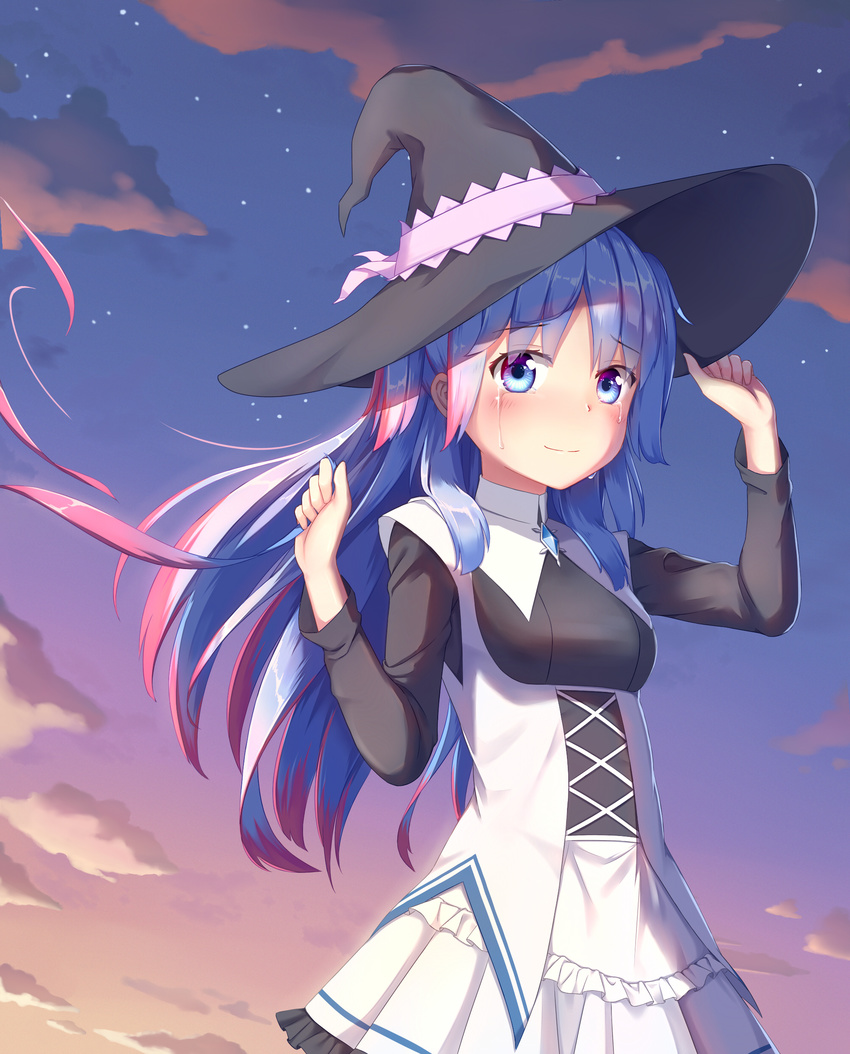 absurdres abwan black_hat black_shirt blue_eyes blue_hair blush chtholly_nota_seniorious cloud crying crying_with_eyes_open evening hat highres looking_at_viewer miniskirt multicolored_hair outdoors pleated_skirt red_hair shirt shuumatsu_nani_shitemasu_ka? skirt solo standing star tears two-tone_hair white_skirt witch_hat