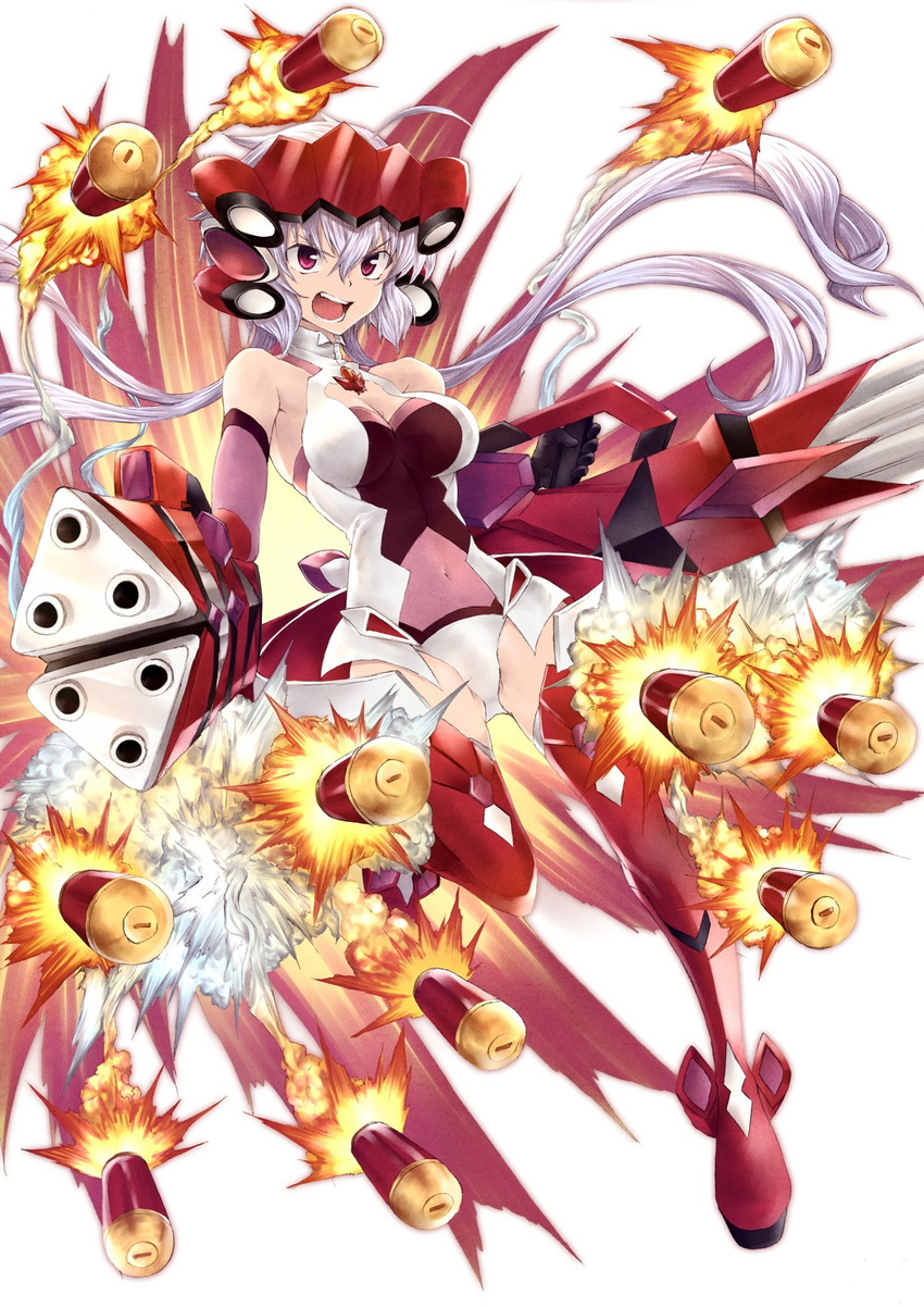 :d bodysuit boots bow breasts cleavage covered_navel gatling_gun groin_tendon gun hair_between_eyes hair_bow highres itano_circus judo_fuu long_hair medium_breasts missiles open_mouth red_eyes senki_zesshou_symphogear silver_hair smile solo thigh_boots thighhighs thighs v-shaped_eyebrows weapon white_background yukine_chris