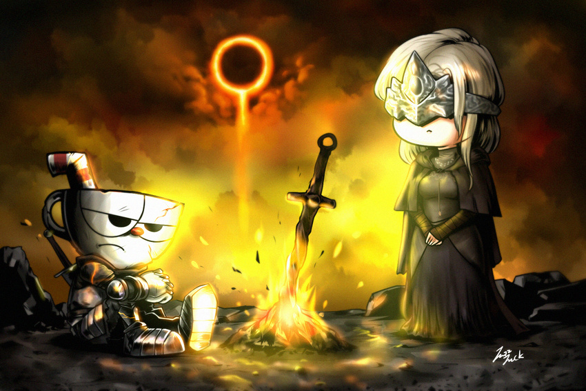 2017 animate_inanimate armor clothing crossover cuphead_(character) cuphead_(game) dark_souls duo female fire hair hi_res human humanoid jazzjack knight male mammal melee_weapon not_furry object_head signature sitting sword video_games weapon white_hair