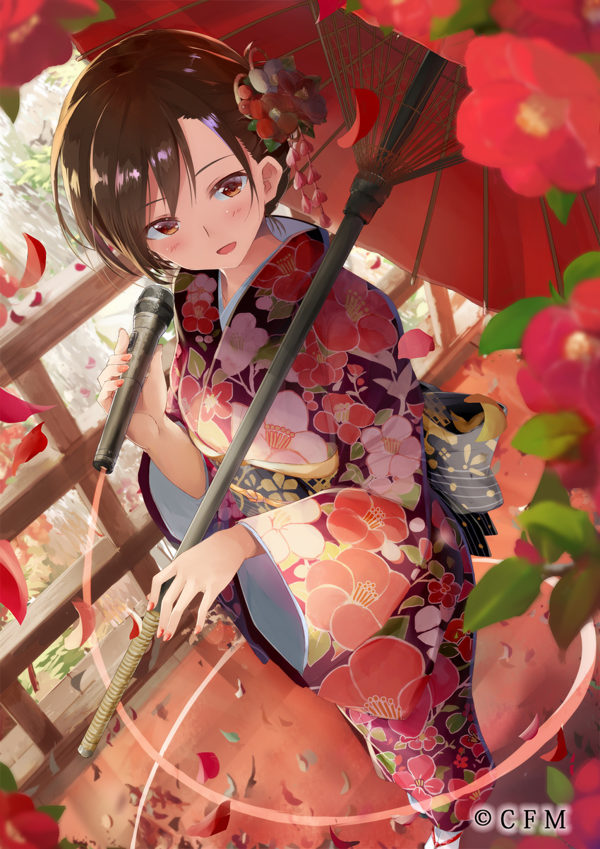 :d alternate_costume bangs blurry blush brown_eyes brown_hair cable commentary_request daidou_(demitasse) day depth_of_field floral_print flower foreshortening from_above hair_flower hair_ornament highres holding holding_microphone japanese_clothes kimono long_sleeves meiko microphone nail_polish open_mouth outdoors pink_nails railing sash shiny shiny_hair short_hair smile solo standing tareme vocaloid white_legwear wide_sleeves