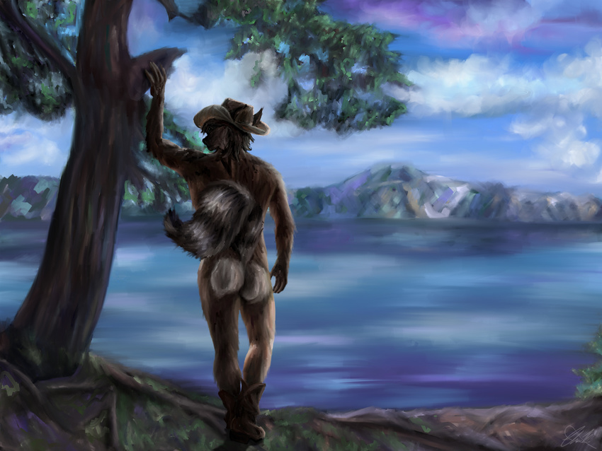 2015 5_fingers anthro behind_view black_fur brown_fur brown_hair cloud cowboy cowboy_hat day faceless_male fur hair hat killianwalker male mammal mostly_nude mountain painting pose procyonid raccoon sky solo standing tagme tree water