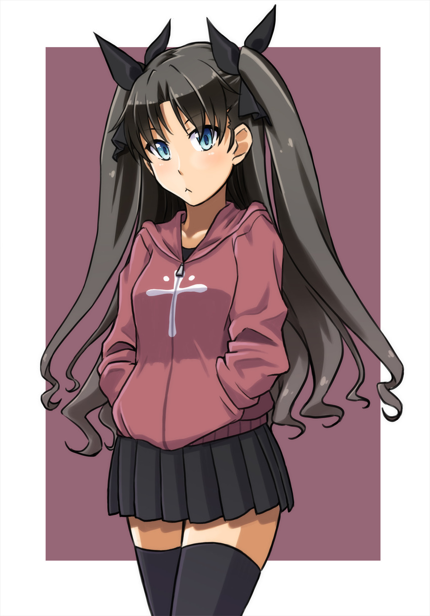 :&lt; alto-00 black_hair black_legwear black_shirt black_skirt breasts eyebrows_visible_through_hair fate/stay_night fate_(series) hair_ribbon highres hood hooded_jacket jacket long_hair long_sleeves ribbon shirt skirt small_breasts solo thighhighs toosaka_rin two_side_up