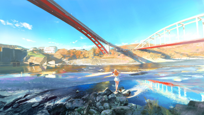 arakawa_river artist_name blue_sky bow_(instrument) bridge brown_hair building cloud commentary day dress from_behind highres instrument japan landscape legs_together long_hair music original outdoors playing_instrument real_world_location river rock scenery signature sky solo standing sunlight very_wide_shot violin water wayne_chan white_dress