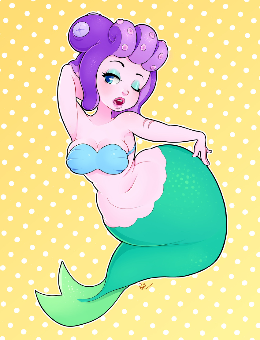 absurdres belly breasts cala_maria_(cuphead) come_hither cuphead_(game) curvy eyeshadow hand_behind_head hand_on_hip highres huge_filesize makeup medium_breasts mermaid monster_girl navel octopus oldschool open_mouth plump purple_hair scar seductive_smile shell shell_bikini simple_background smile solo tail teeth tentacle_hair wide_hips