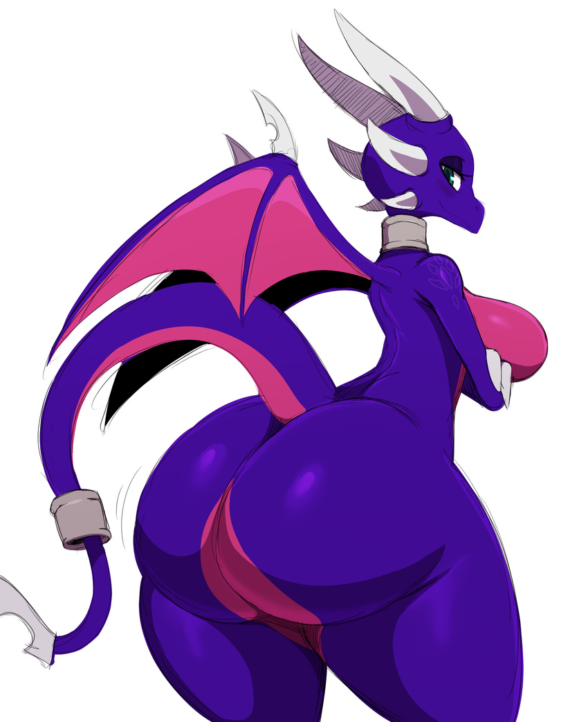 2017 absurd_res alternate_color anthro big_breasts big_butt breasts butt cynder dragon female hi_res horn huge_butt looking_back membranous_wings nude scales scalie side_boob simple_background smile solo spyro spyro_the_dragon sssonic2 thick_thighs video_games voluptuous white_background wide_hips wings