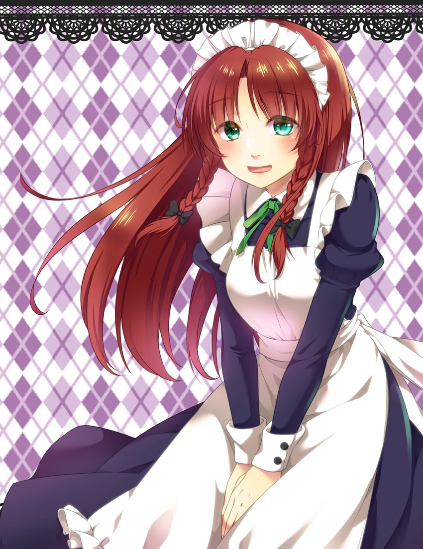 :d alternate_costume apron argyle argyle_background bangs black_bow black_dress blush bow braid breasts commentary_request cowboy_shot dress enmaided eyebrows_visible_through_hair green_eyes green_neckwear green_ribbon hair_bow highres hong_meiling juliet_sleeves long_hair long_sleeves looking_at_viewer maid maid_headdress medium_breasts neck_ribbon nora_wanko open_mouth own_hands_together parted_bangs puffy_sleeves red_hair ribbon sleeve_cuffs smile solo touhou twin_braids v_arms white_apron wing_collar