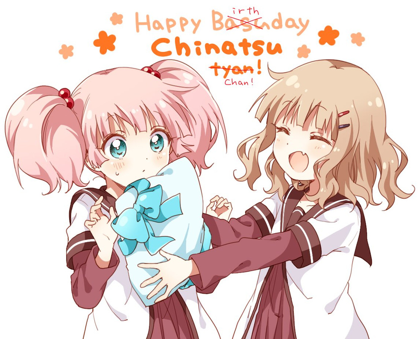 :d ^_^ blonde_hair closed_eyes double_bun fang hair_bobbles hair_bun hair_ornament happy_birthday multiple_girls namori nanamori_school_uniform oomuro_sakurako open_mouth pink_hair school_uniform serafuku smile twintails yoshikawa_chinatsu yuru_yuri