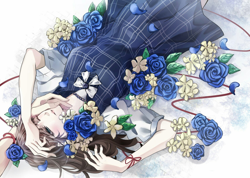 blue_dress blue_flower blue_rose brown_hair cardia_beckford code:realize dress flower hand_on_another's_face highres long_hair lying nashisakura_(rio) on_back one_eye_closed out_of_frame petals red_ribbon ribbon rose short_sleeves solo_focus too_many_flowers