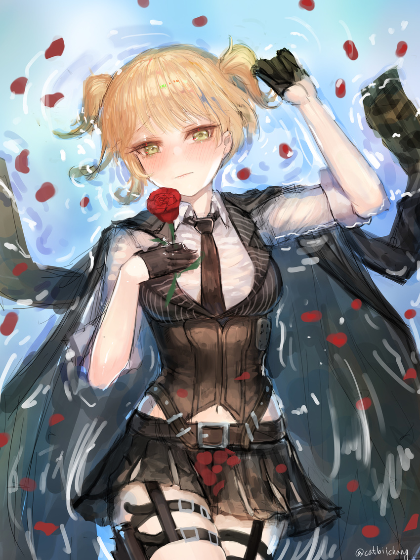 absurdres arm_up bangs belt_buckle black_gloves black_neckwear black_skirt black_vest blonde_hair blush breasts buckle catbii closed_mouth corset cowboy_shot flower from_above frown girls_frontline gloves green_eyes hand_on_own_chest highres holding holding_flower lips looking_at_viewer lying medium_breasts miniskirt navel necktie on_back red_flower red_rose rose shirt short_hair short_sleeves skirt solo striped_vest thigh_strap tsurime twitter_username two_side_up vest water welrod_mk2_(girls_frontline) white_shirt