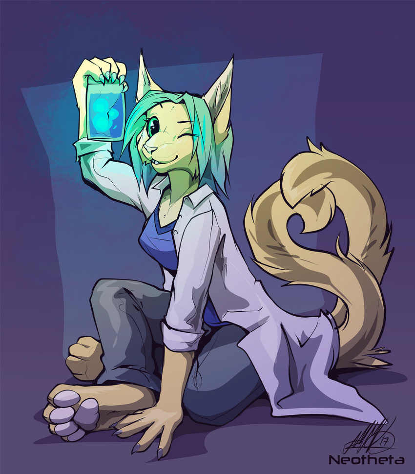 2017 5_fingers anthro barefoot cat clothed clothing digital_media_(artwork) feline female green_eyes green_hair hair mammal neotheta simple_background sitting smile solo