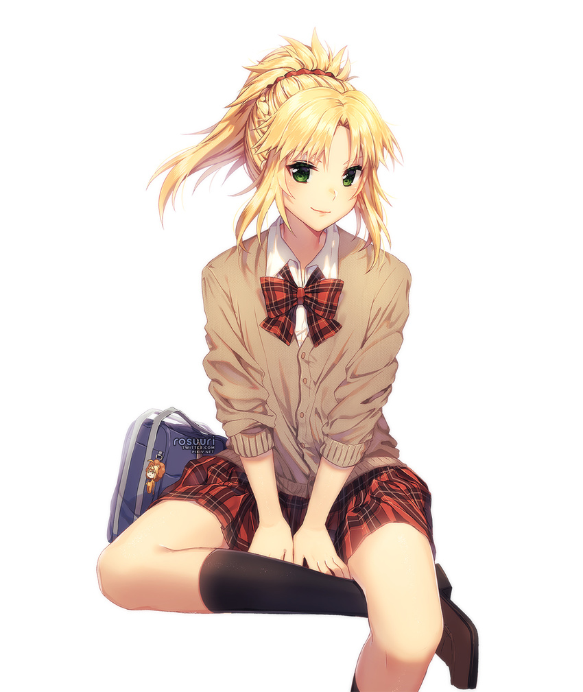 artist_name artoria_pendragon_(all) bag bag_charm bangs black_legwear blonde_hair bow bowtie braid brown_footwear buttons cardigan character_doll charm_(object) fate/apocrypha fate_(series) green_eyes hair_ornament highres loafers looking_at_viewer mordred_(fate) mordred_(fate)_(all) parted_bangs plaid plaid_neckwear plaid_skirt ponytail rosuuri saber_lion school_bag school_uniform shoes short_hair sidelocks simple_background sitting skirt sleeves_rolled_up smile socks solo v_arms white_background wing_collar