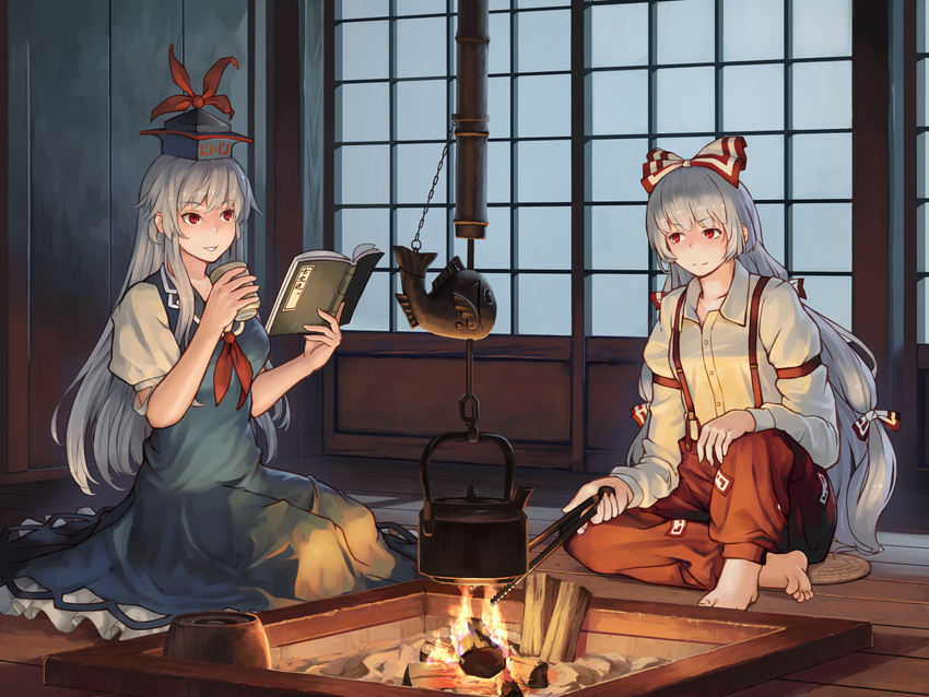barefoot blue_dress book bow commentary_request dress dress_shirt fire fujiwara_no_mokou hair_bow hat highres holding holding_book indoors kamishirasawa_keine kettle long_hair looking_at_another mikado_(winters) multiple_girls ofuda pants parted_lips puffy_short_sleeves puffy_sleeves red_eyes shirt short_sleeves sitting smile suspenders touhou very_long_hair white_hair white_shirt